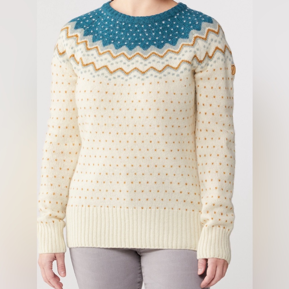Fjallraven Ovik Wool Fair Isle Blue White Wool Sweater XL